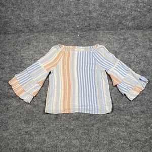 Statement Womens Blue Peach Striped Ruffle Bell Sleeve Blouse Size‎ M Boho Top